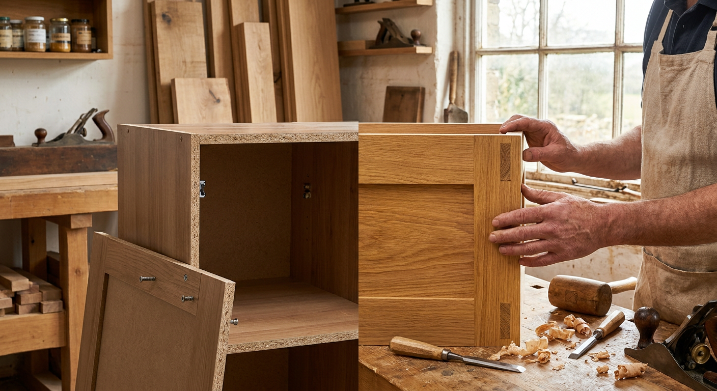 Comparison of a flimsy flat-pack particleboard cabinet next to a solid oak cabinet with hand-cut mortise and tenon joints in a woodworking workshop.