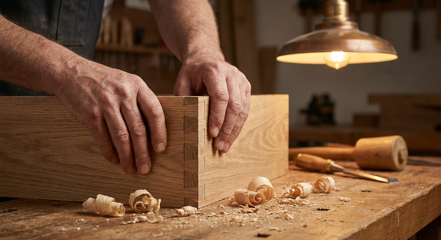 Close-up of a craftsman fitting hand-cut through dovetail joints on a solid wood drawer corner in a workshop.