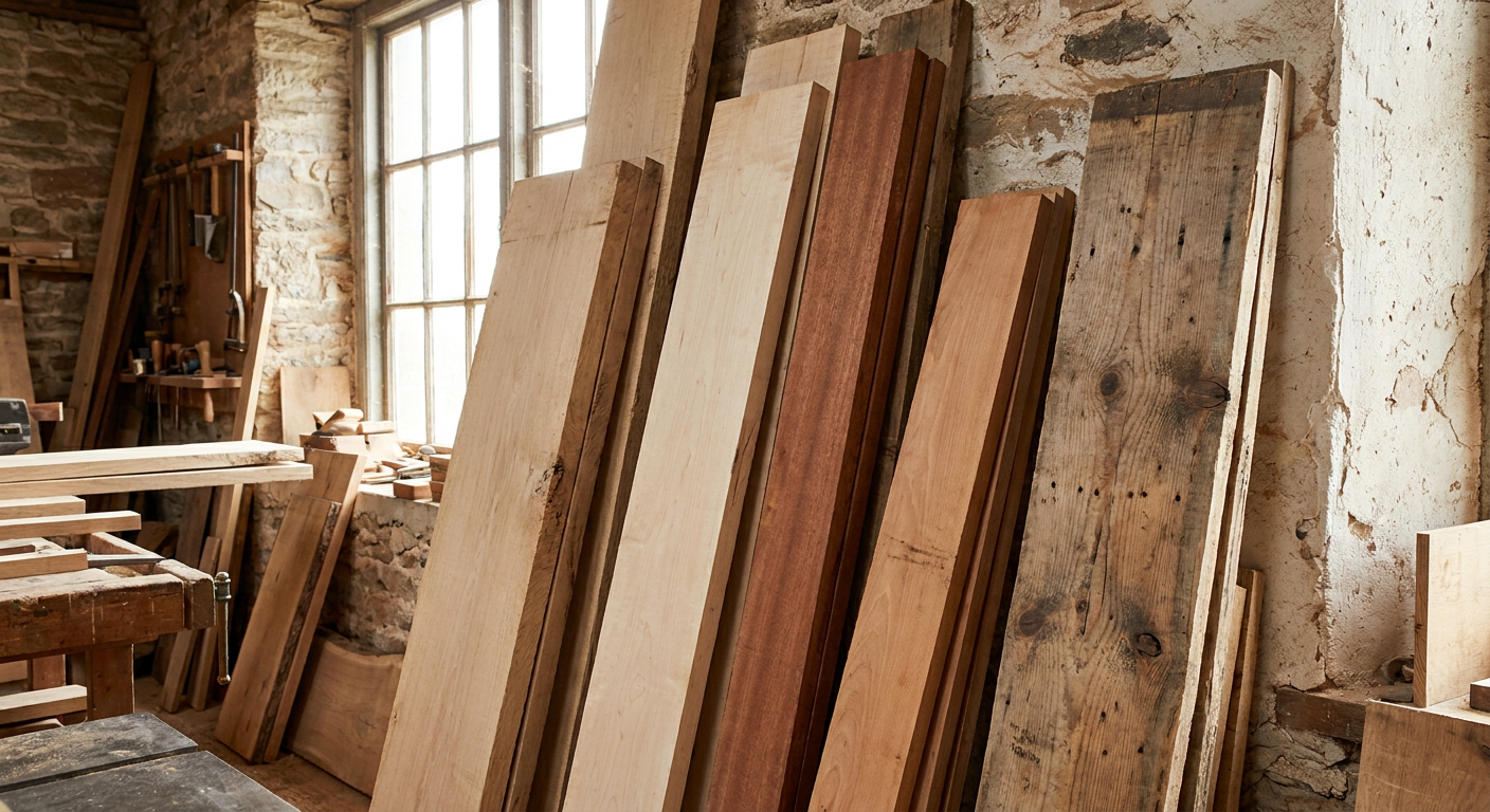Stacked rough-sawn timber boards in oak, maple, mahogany, beech, and reclaimed pine displayed in a woodworking workshop.